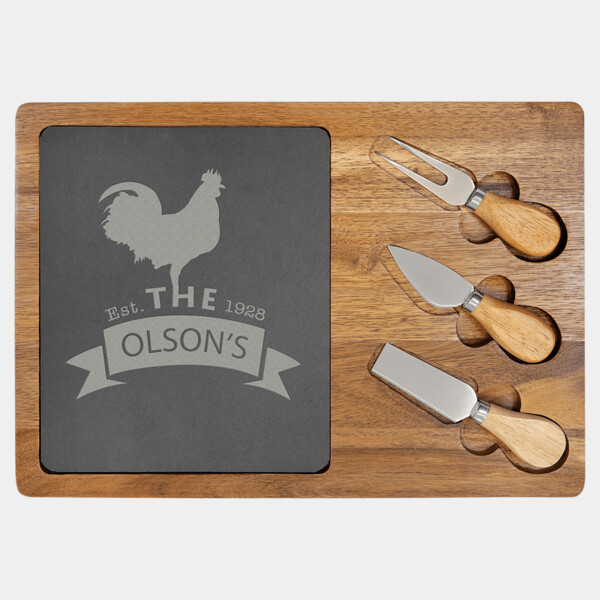 3 3/4" x 9 3/4" Acacia Wood/Slate Rectangle Cheese Set with Three Tools Thumbnail